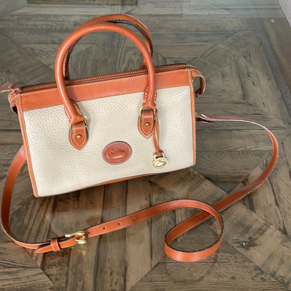 Vintage Dooney & Bourke Bag- cream and tan leather satchel w/crossbody strap!